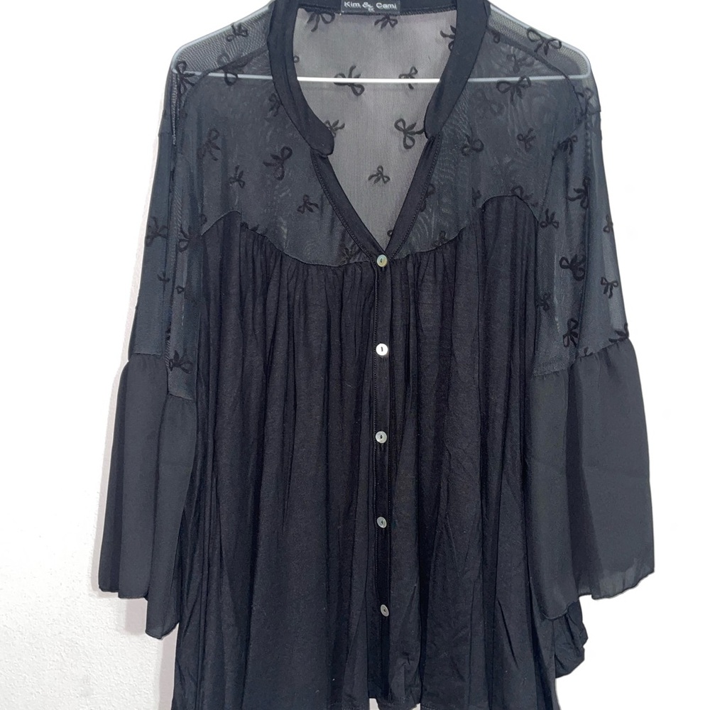 Kim & Cami Black Sheer Bow Embroidered Button-Front Blouse 2X BNWT